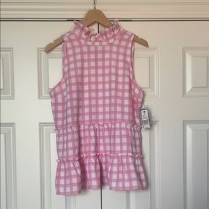 Crown & Ivy Pink Checkered Gingham Mock Neck Sleeveless Top